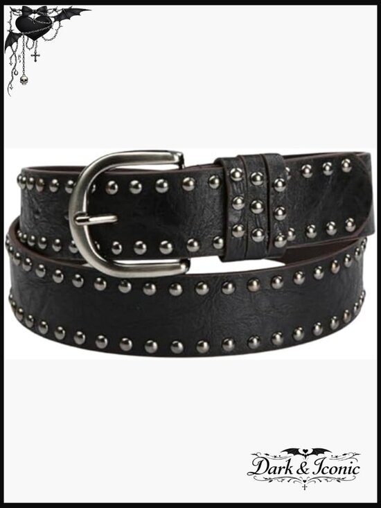 Women Leather Studded Rivets Belt with Silver Buckle